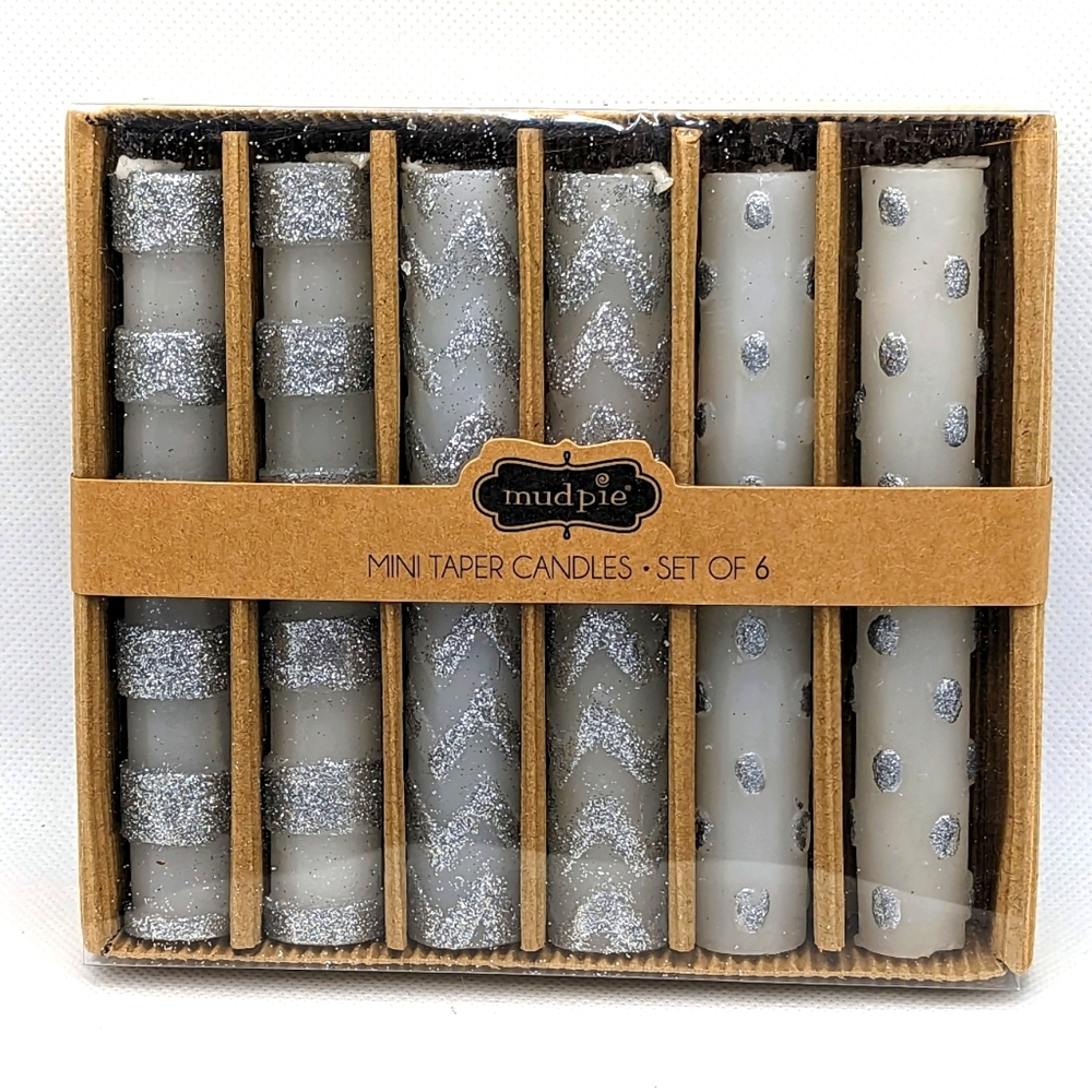 6 Piece Silver Glitter Mini Taper Candle Set Wedding By Mudpie New Sealed